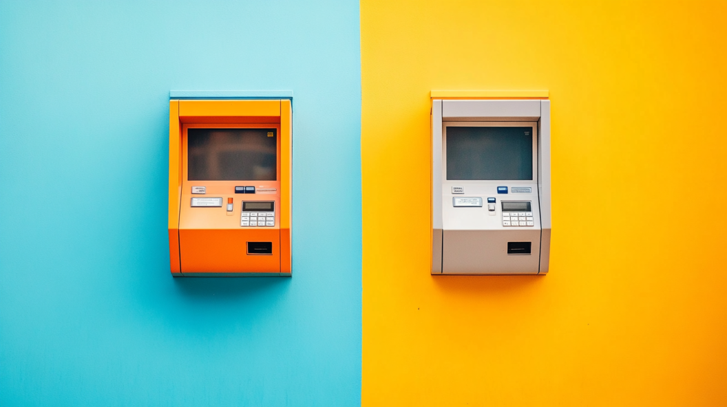 two bank atms next to each other doing a bank to bank money transfer