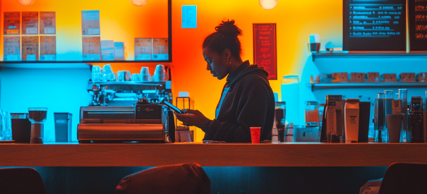 Barista processing a payment with a smartphone at a cafe counter.