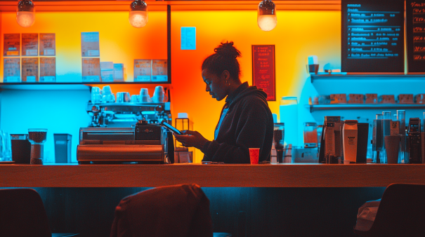 Barista processing a payment with a smartphone at a cafe counter.