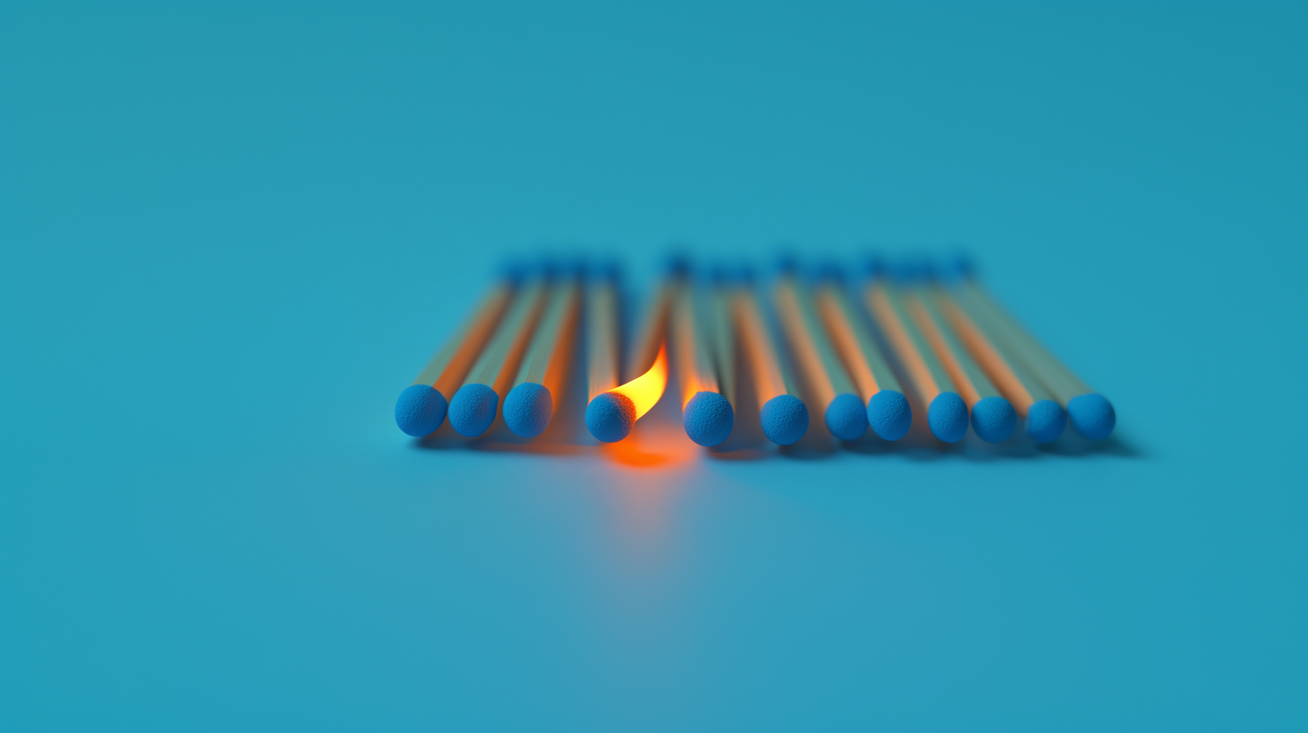 Blue match sticks laid horizontally with one lit