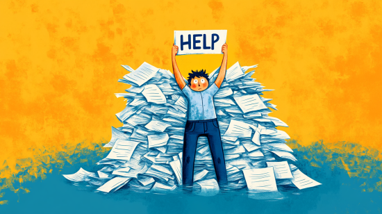 business owner drowning in paperwork asking for help