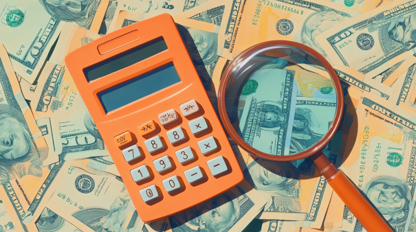 Orange calculator and magnifying glass on top of scattered US dollar bills.