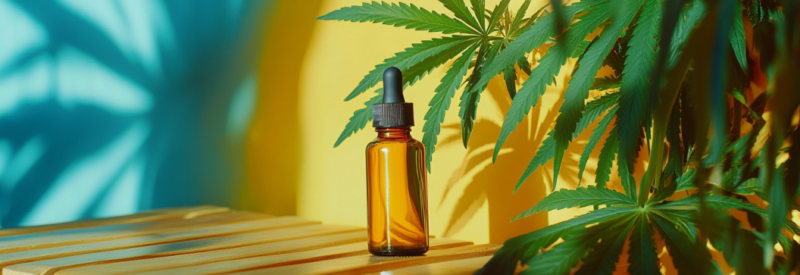 cbd oil bott on wood bench surrounded by cannabis plant