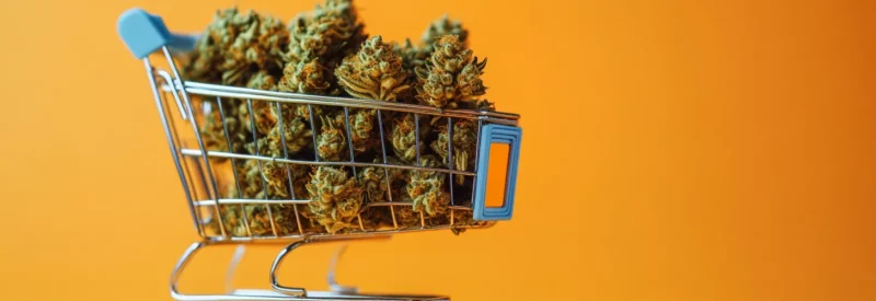 Tiny shopping cart filled with cannabis buds