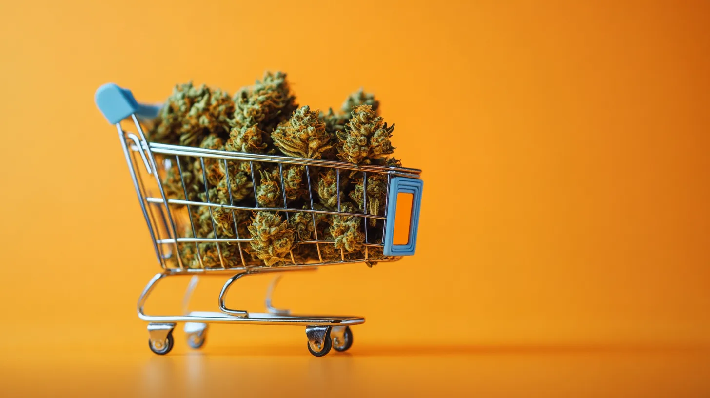 Tiny shopping cart filled with cannabis buds