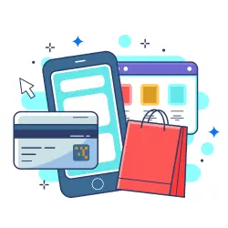 Shopping bags, credit card, mobile phone, and browser, the latter of which can be used to detect error and decline codes.