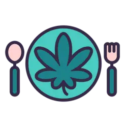 Plate with fork and spoon and cannabis leaf that represents CBD licensed businesses operating in Utah.