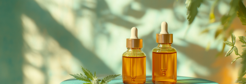 CBD oil bottles with cannabis leaf