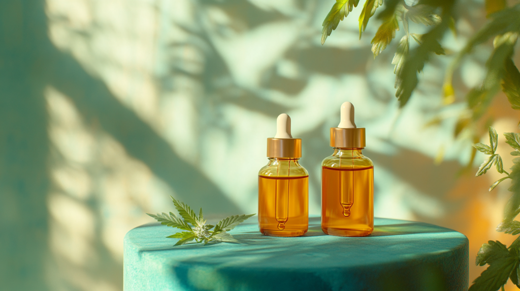 CBD oil bottles with cannabis leaf