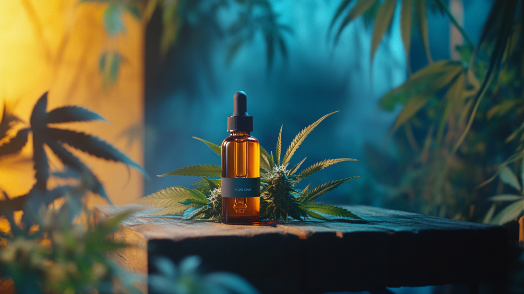 CBD oil in forest surrounded by cannabis plants