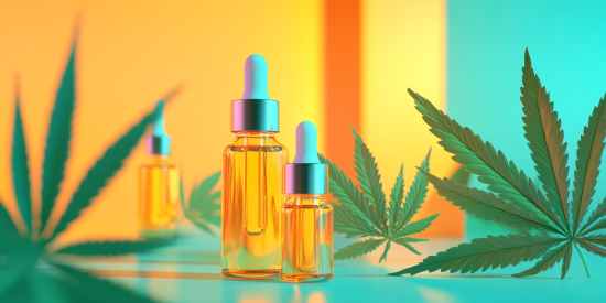 CBD oil tinctures with cannabis leaves