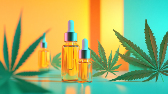 CBD oil tinctures with cannabis leaves