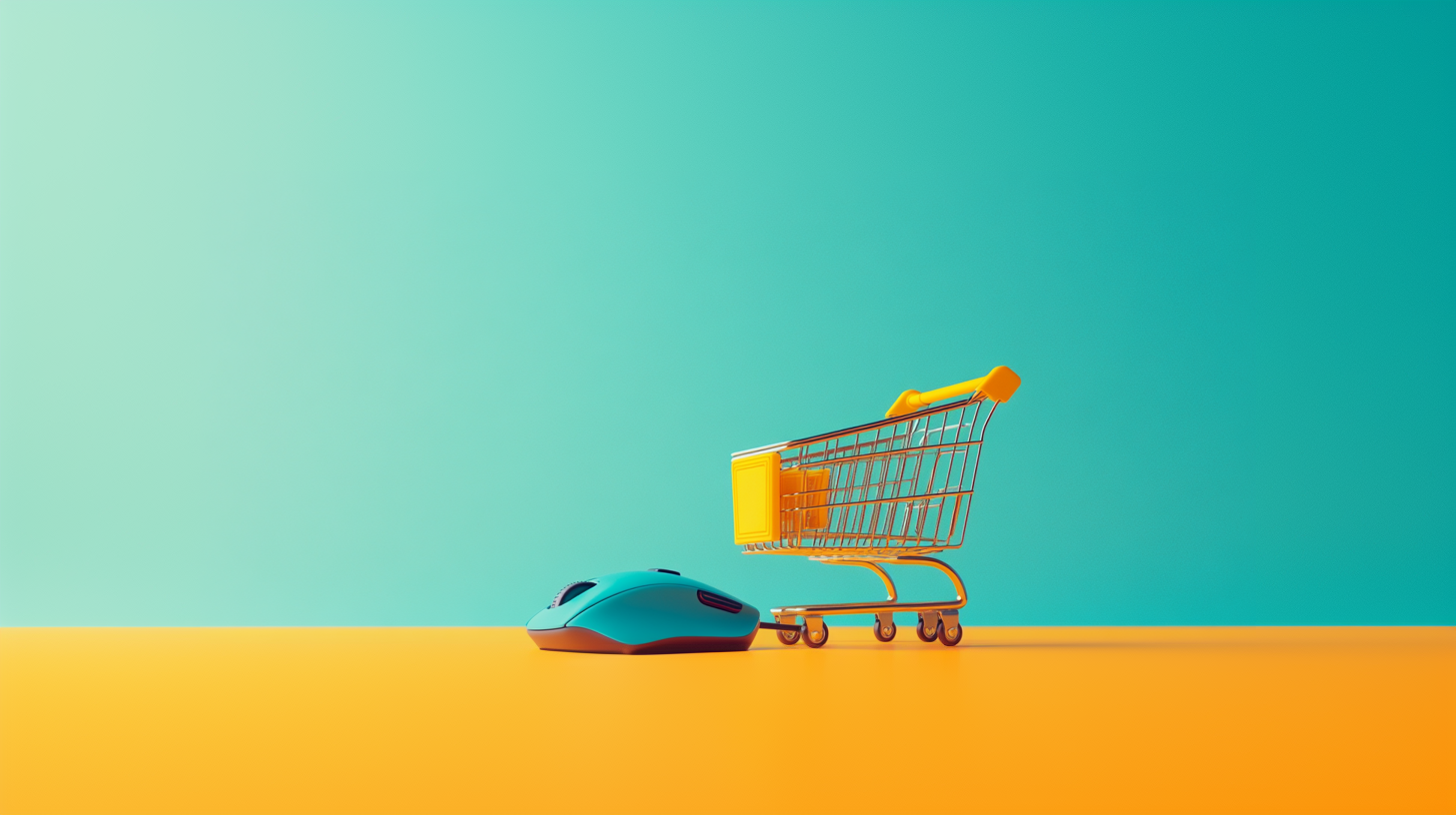 A blue computer mouse connected to an orange miniature shopping cart