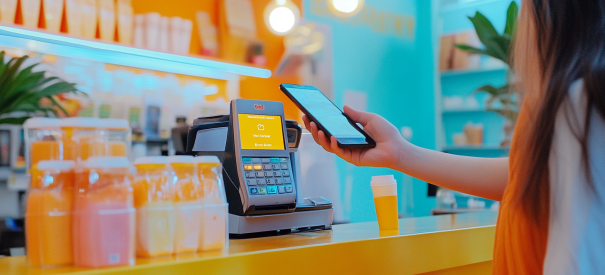 Customer making a contactless payment with a smartphone at a brightly colored cafe counter.