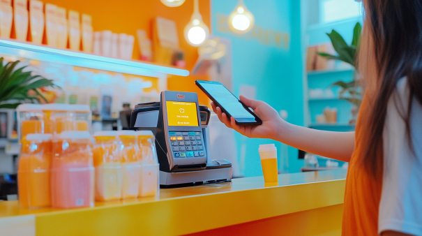 Customer making a contactless payment with a smartphone at a brightly colored cafe counter.