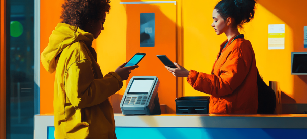 Customer making a contactless payment with a smartphone at a brightly colored checkout counter.