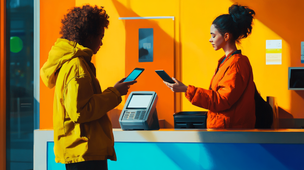 Customer making a contactless payment with a smartphone at a brightly colored checkout counter.