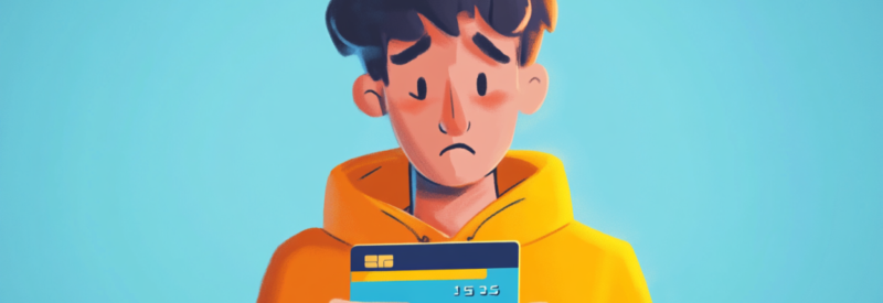 An illustrated person in a yellow hoodie holding a credit card while looking worried.