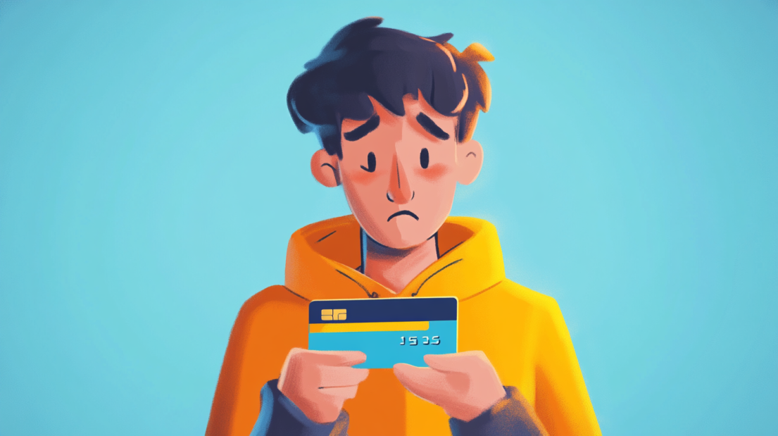 An illustrated person in a yellow hoodie holding a credit card while looking worried.