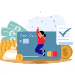 Merchant standing in front of credit cards, coins and dollar bills leaping for joy after successfully troubleshooting credit card decline code 05.