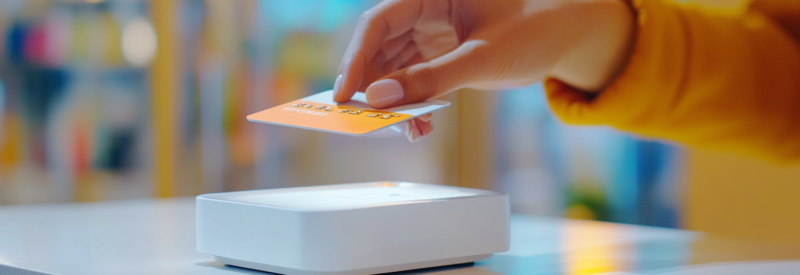 Customer paying with tap-to-pay using a white compact square card reader.