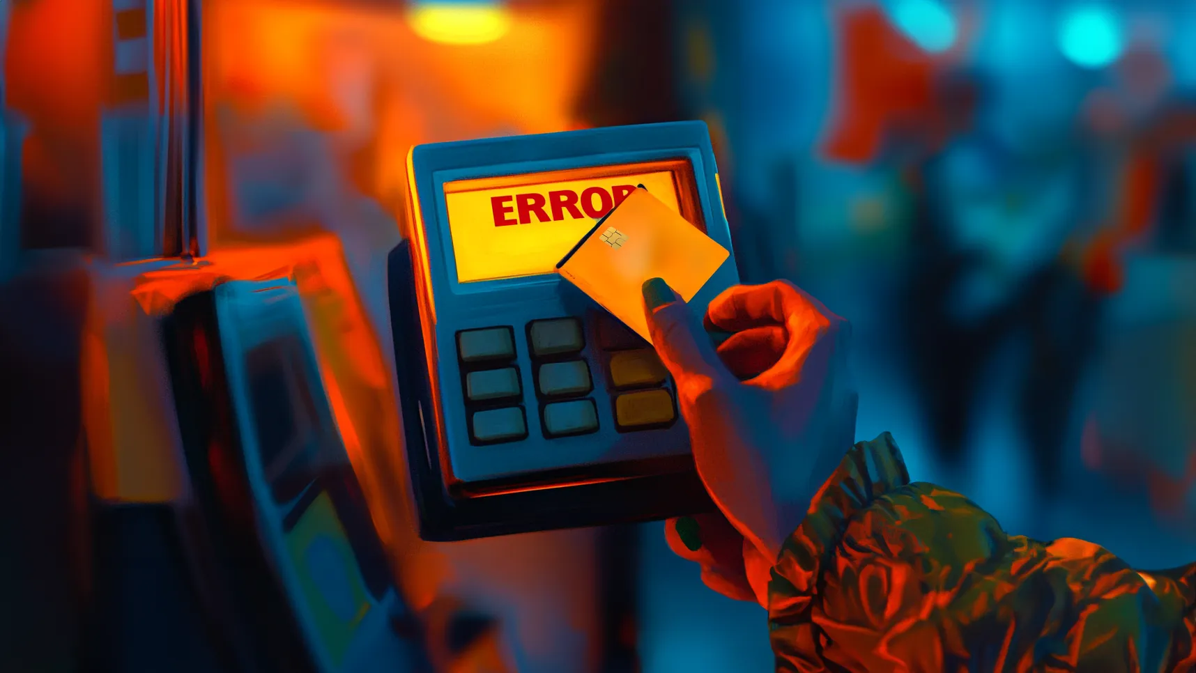 A payment terminal displays the word "Error" in bright red as a cardholder attempts to process a transaction by inserting a credit card