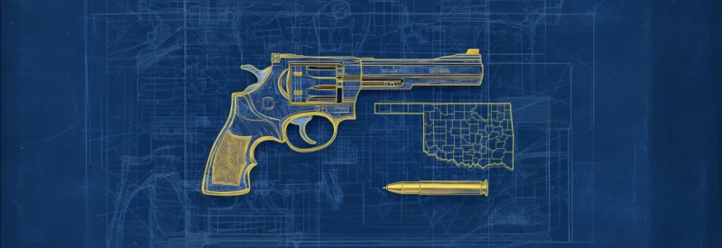 A blueprint-style illustration of a revolver, a bullet, and an outline of Oklahoma