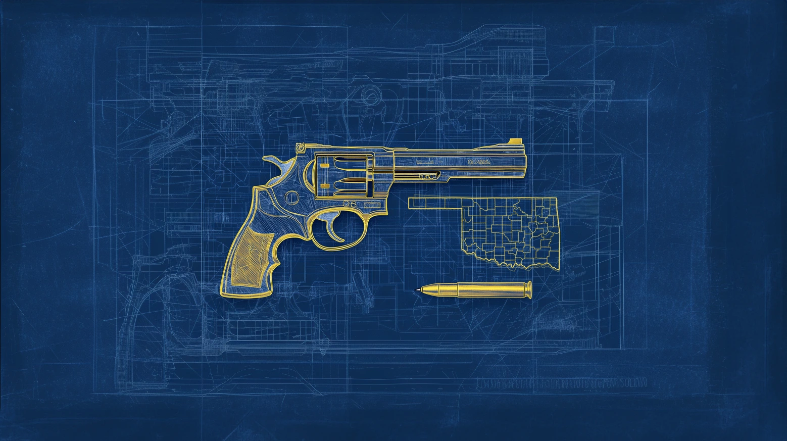 A blueprint-style illustration of a revolver, a bullet, and an outline of Oklahoma