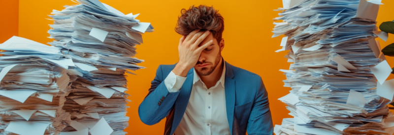 frustrated business man surrounded by stacks of papers