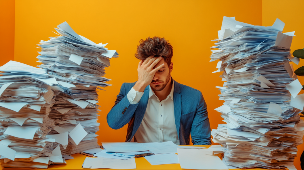 frustrated business man surrounded by stacks of papers