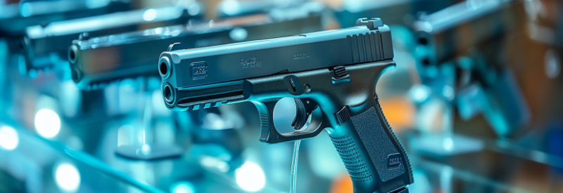 Guns displayed on glass counter in gun store