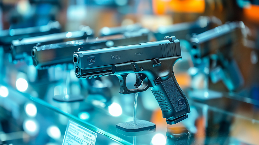 Guns displayed on glass counter in gun store