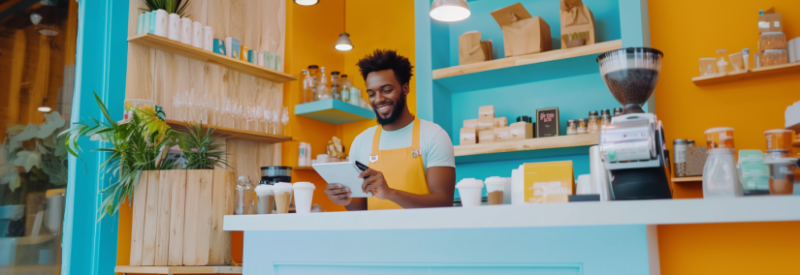 A guy using a sleek white tablet POS to accept payments for his small business