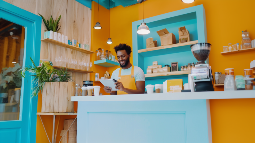 A guy using a sleek white tablet POS to accept payments for his small business