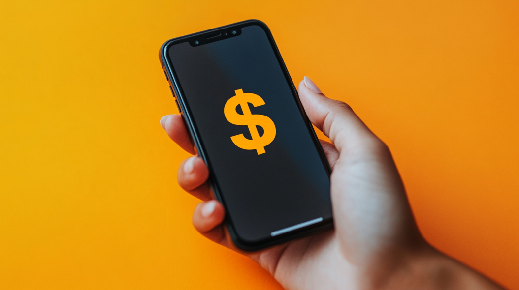 Hand holding a smartphone displaying a dollar sign on an orange background.