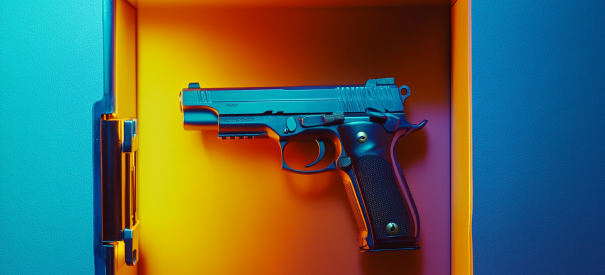 Handgun stored inside a safe with blue and orange lighting.