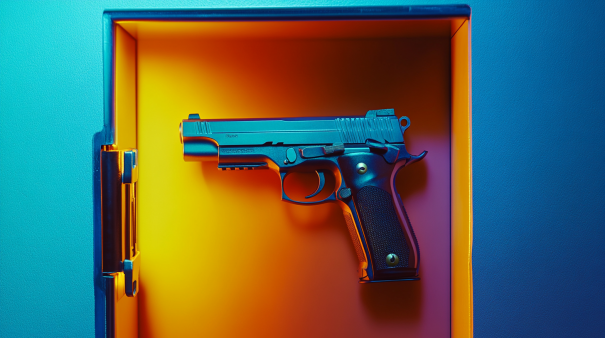 Handgun stored inside a safe with blue and orange lighting.