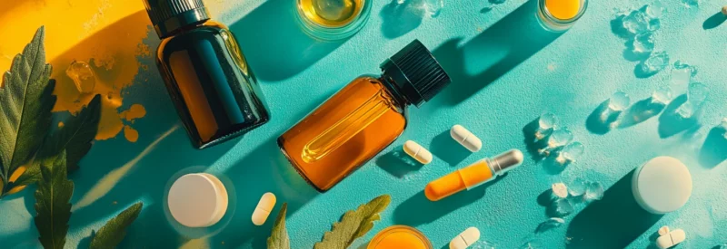 Flat lay of CBD products, including amber bottles, capsules, and leaves, on a vibrant blue and yellow background with scattered ice and sunlight casting shadows.