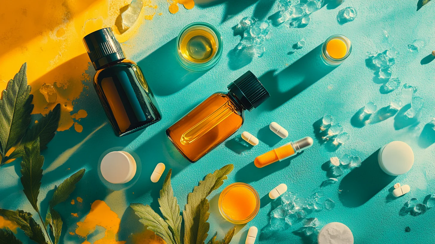 Flat lay of CBD products, including amber bottles, capsules, and leaves, on a vibrant blue and yellow background with scattered ice and sunlight casting shadows.