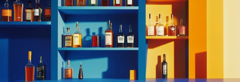 Liquor bottles on bar wall shelves.