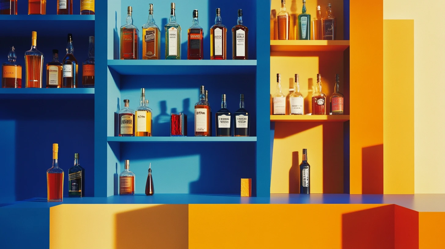 Liquor bottles on bar wall shelves.