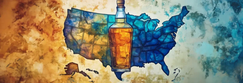 A detailed illustration of a liquor bottle overlaid on a map of the United States