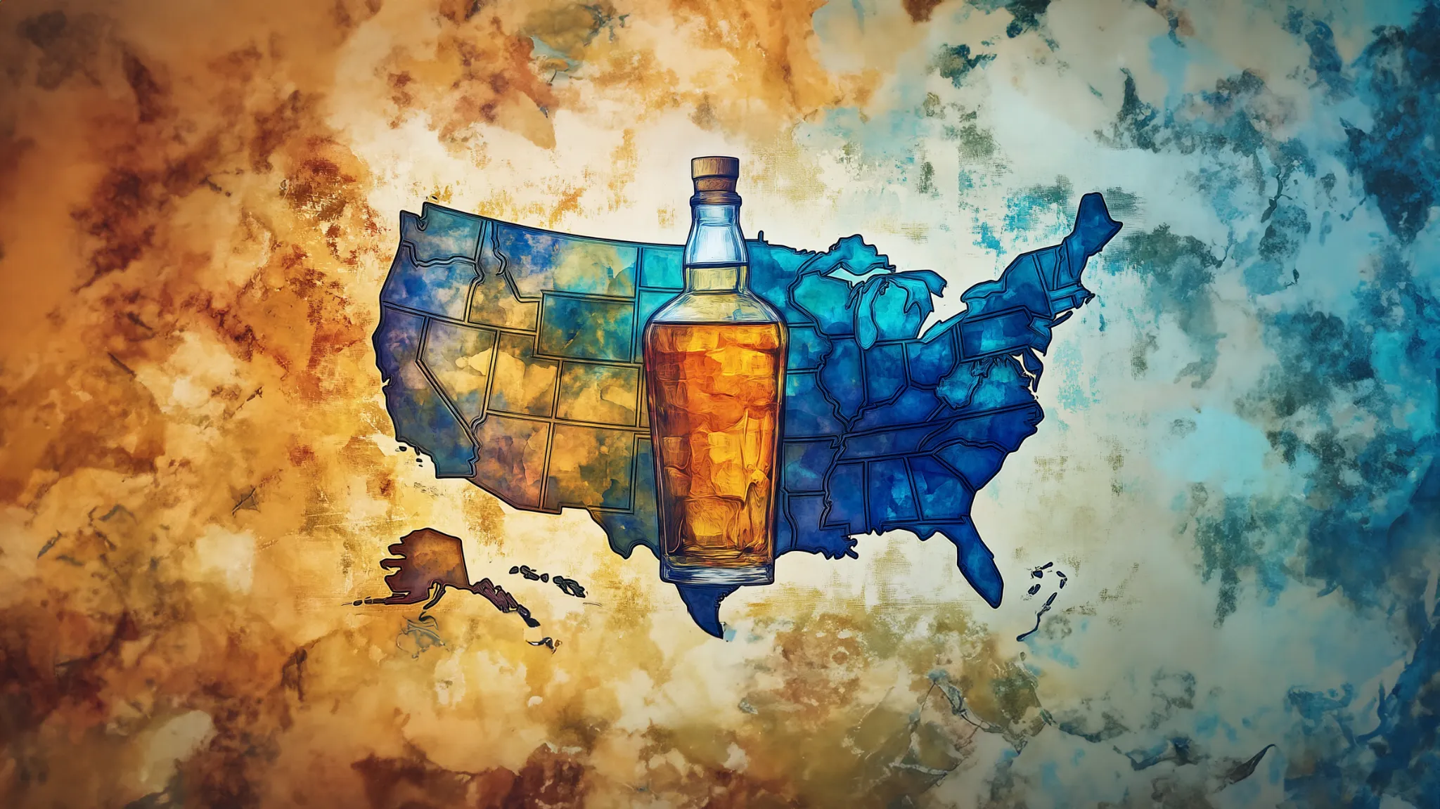 A detailed illustration of a liquor bottle overlaid on a map of the United States