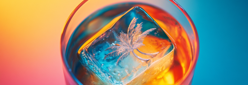 A close-up of a glass with an amber-colored cocktail, featuring a large ice cube engraved with a palm tree. The background blends warm and cool tones, creating a tropical and vibrant atmosphere.