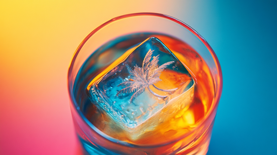 A close-up of a glass with an amber-colored cocktail, featuring a large ice cube engraved with a palm tree. The background blends warm and cool tones, creating a tropical and vibrant atmosphere.