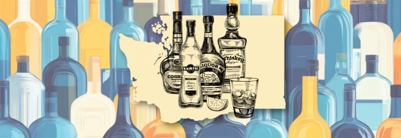 An illustration of various liquor bottles and a cocktail glass overlaid on a beige cutout of the state of Washington. The background features an artistic pattern of colorful bottles in shades of blue, yellow, and brown.