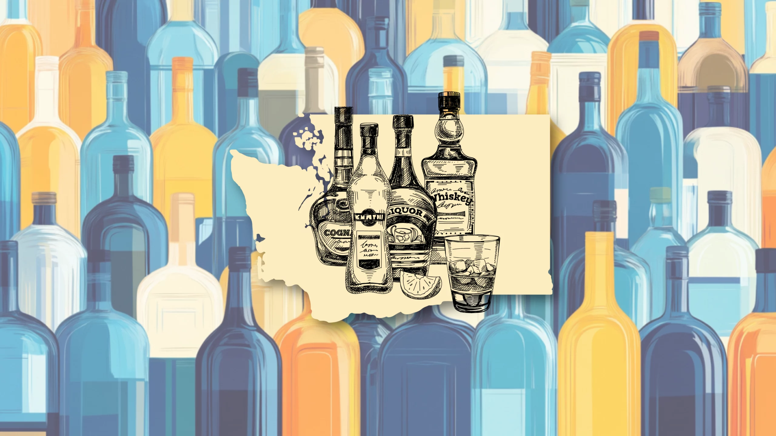 An illustration of various liquor bottles and a cocktail glass overlaid on a beige cutout of the state of Washington. The background features an artistic pattern of colorful bottles in shades of blue, yellow, and brown.