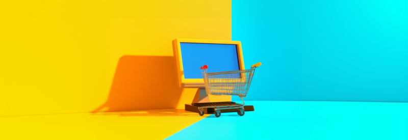 Miniature shopping cart next to a computer on a split yellow and blue background.