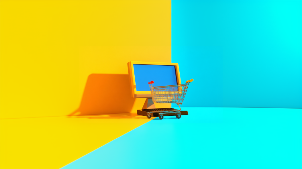 Miniature shopping cart next to a computer on a split yellow and blue background.