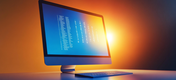 Computer monitor displaying a search bar with numbers and text against a warm glowing background.